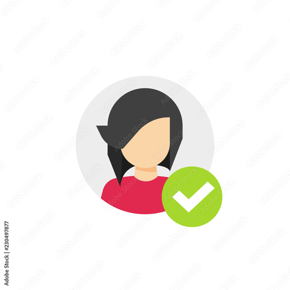 Profile with checkmark icon vector, flat cartoon user account accepted symbol with tick, approved or applied person sign, validation verified pictogram, authorized or choose member isolated