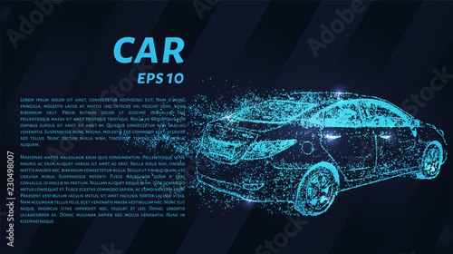 Car of blue glowing dots. Car rear view.
