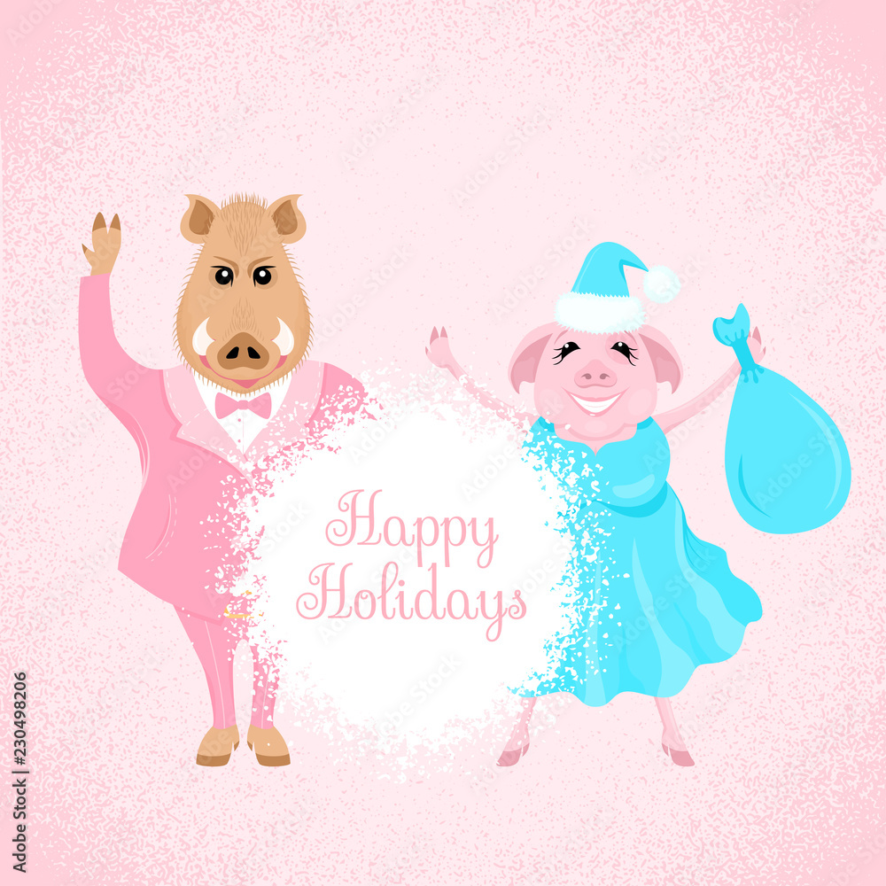 Boar and pig on textured pink Boar and pig on textured pink
