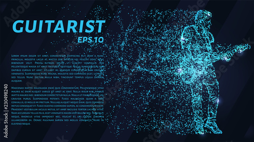 Guitarist of blue glowing dots. Guitarist at a rock concert.