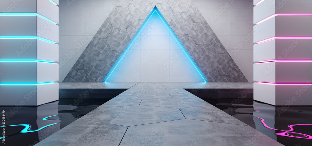 Obraz premium Futuristic Sci Fi Modern Alien Ship Bright Empty Grunge Concrete Room Triangle Shape With Reflective Water Waves And Blue And Purple Glowing Neon Lights Background 3D Rendering