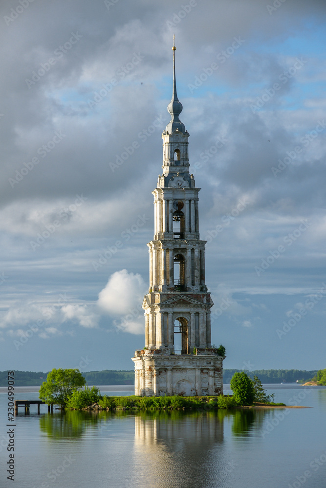 Kalyazin Bell Tower (Flooded Belfry over waters of Uglich Reservoir 
on Volga River) as part of Monastery of St. Nicholas, opposite old town 
of Kalyazin, Tver Oblast, Russia
