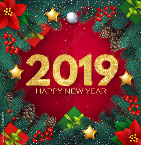 Happy New 2019 Year! Realistic Christmas Composition with Fir Tree Branches, Glossy Toys, Cones, Poinsettia and Lights.