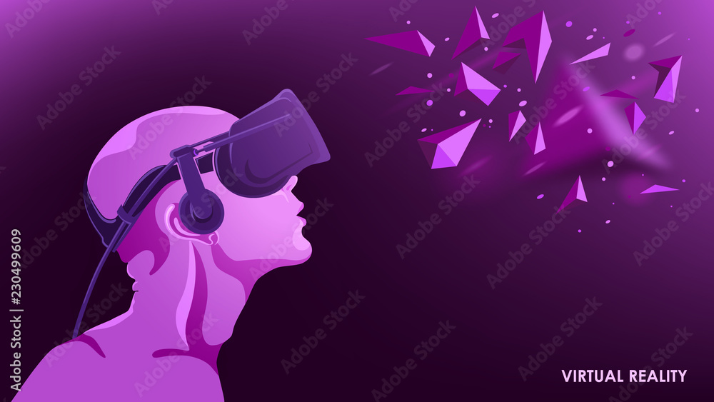 The virtual reality. Modern innovative technology. The man in the headset vr. Abstract vector image. The virtual reality. Modern innovative technology. The man in the headset vr. Abstract vector image.