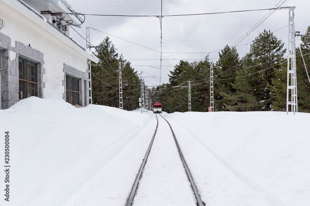 Railway Station, Madrid, Spain. Train moves among trees and snow. Winter season Railway Station, Madrid, Spain. Train moves among trees and snow. Winter season