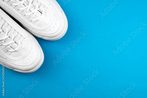 Sport shoes. Sneakers. Fitness and sport, active lifestyle, body care, fashion concept. top view copy space, blue background.