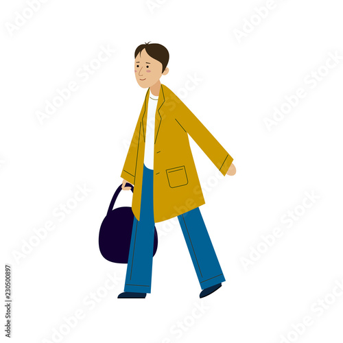Vector illustration. The guy in the raincoat comes with a bag in his hand. A young man in a cloak walking.