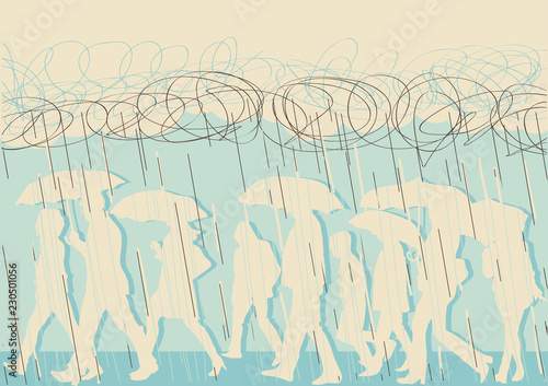 Crowd of people with umprellas in the wet rain day.Vector background with dark clouds