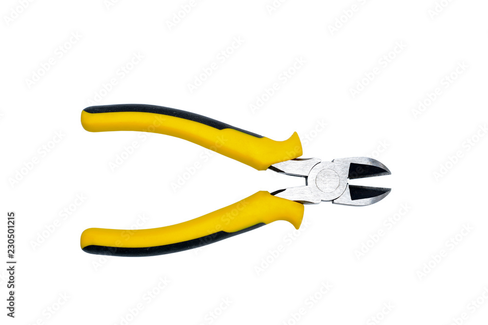 Obraz premium Side cutters with black and yellow isolated handles on white background. Tool isolated on white, top view with clipping path.