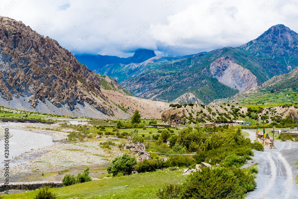 Nature view on the road to Manang village in Annapurna Conservation Area, Nepal
