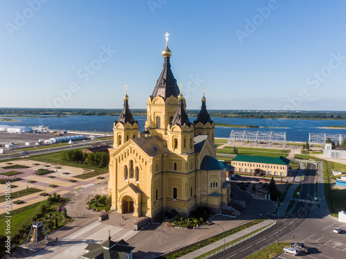 Aerial view of a Alexander Nevsky Cathedral with Volga river in the background