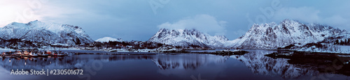 Landscape with beautiful winter lake and snowy mountains at Lofoten Islands in Northern Norway. Panoramic view © Roxana