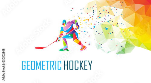 Hockey player silhouette, polygonal vector illustration. Low poly ice hockey skater with puck