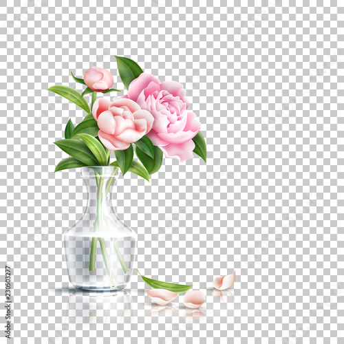 Vector realistic pink rose flower leaves bouquet