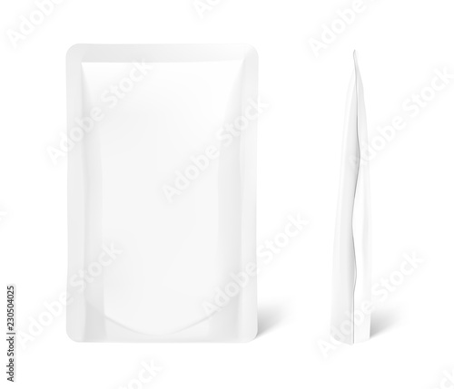 Mockup of blank sachet packaging for food, cosmetic and hygiene. Vector illustration on white background. Ready for your design. EPS10.
