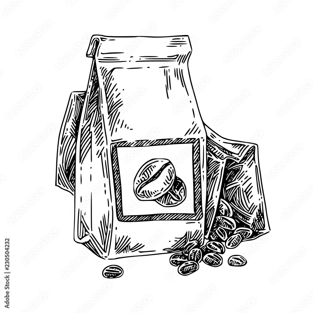 Two Paper Bags With Coffee Beans Sketch Engraving Style Vector Two Paper Bags With Coffee Beans Sketch Engraving Style Vector