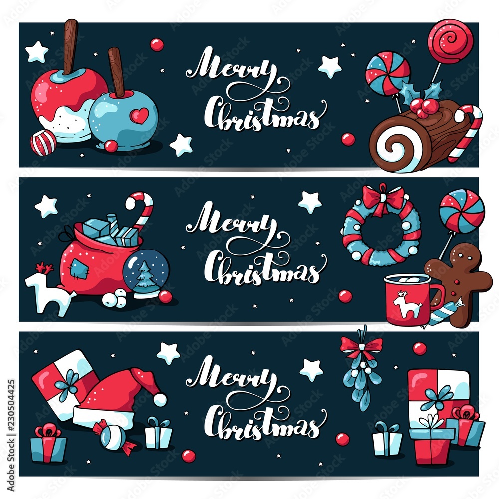 Christmas horizontal banner set with doodle elements and merry christmas lettering. Banners for web or flyer in cute cartoon style.