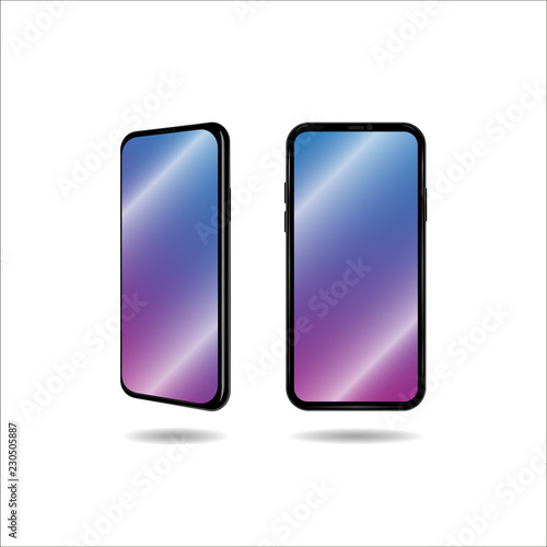 Frameless smartphone Isolated image Vector illustration Modern cell phone with frameless glass touch screen Template in front view and three-quarter view