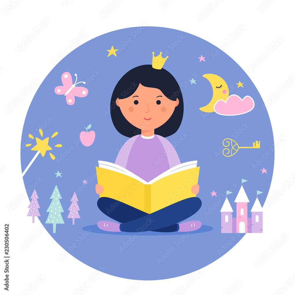 Girl Reading a Book. Fantasy and Fairy Tale Concept. Vector Design Girl Reading a Book. Fantasy and Fairy Tale Concept. Vector Design