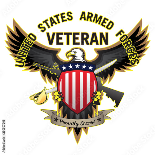 United States Armed Forces Military Veteran Proudly Served Bald Eagle Majestic Emblem Isolated Vector Illustration
