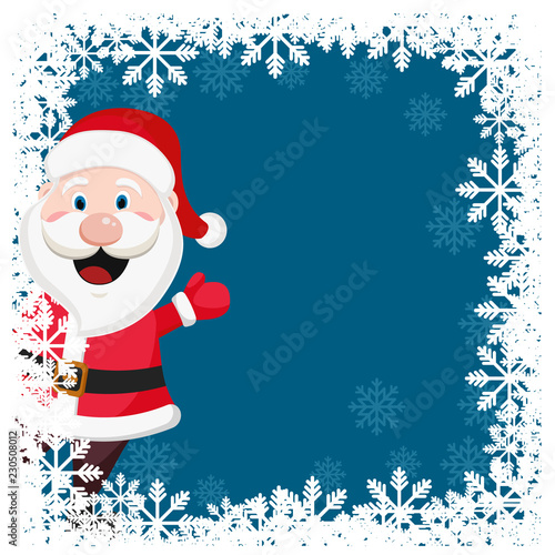 Santa Claus waves his hand in a Christmas frame of white snow.