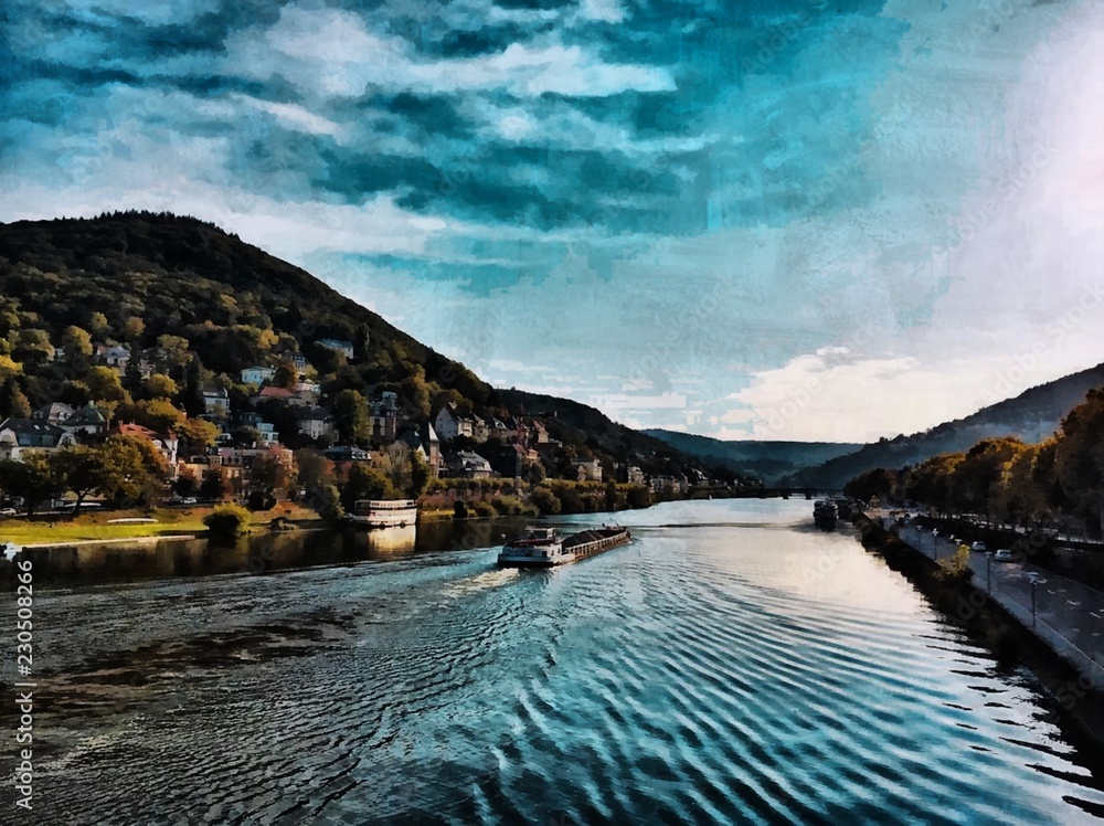 Naklejka premium Hand drawing watercolor art on canvas. Artistic big print. Original modern painting. Acrylic dry brush background. Wonderful mountain landscape. Travel view. Charming wild nature.