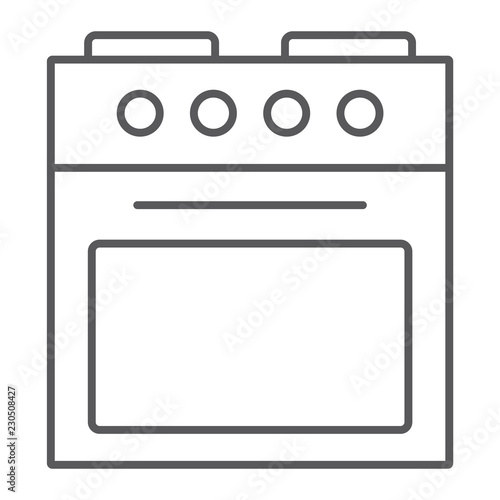 Oven thin line icon, home and appliance, stove sign, vector graphics, a linear pattern on a white background.