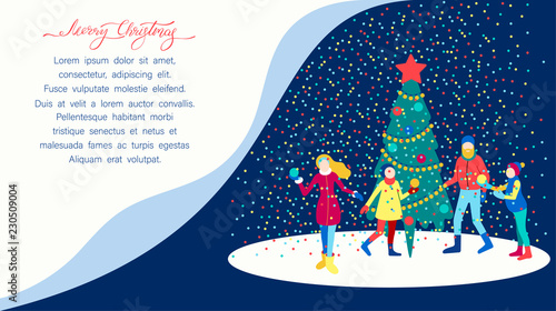 Merry Christmas background with happy family and Christmas tree.