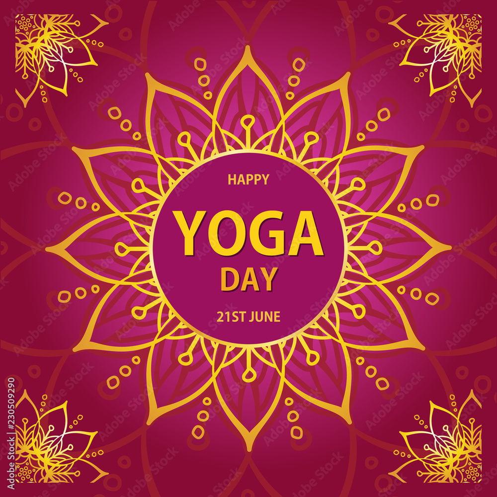 Vector illustration of international yoga day. abstract symbol of sun and life on a red background.