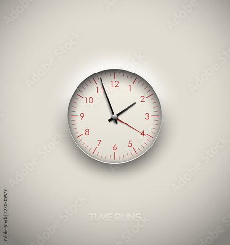 Realistic round clock cut out in white background. Red round scale and numbers. Vector icon design or ui screen interface element.