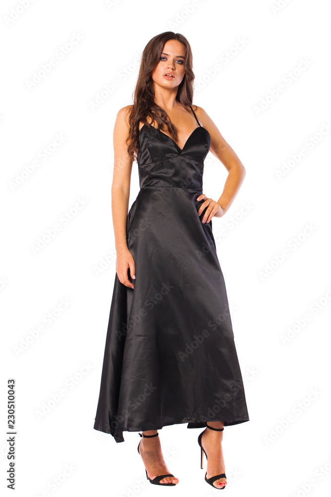 Full body, Young beautiful brunette woman in long black dress