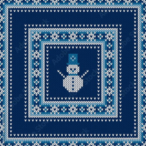 Winter Holiday Seamless Knitted Sweater Pattern Design with a Snowman. Wool Knit Texture Imitation