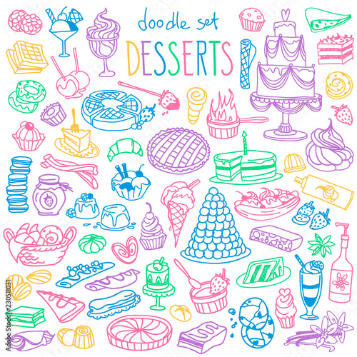 Desserts, sweets, candies and pastry doodles set. Hand drawn vector illustration isolated on white background