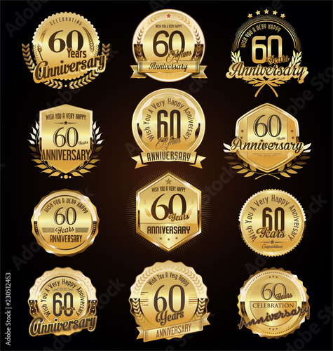 Retro vintage anniversary golden badges and labels collection