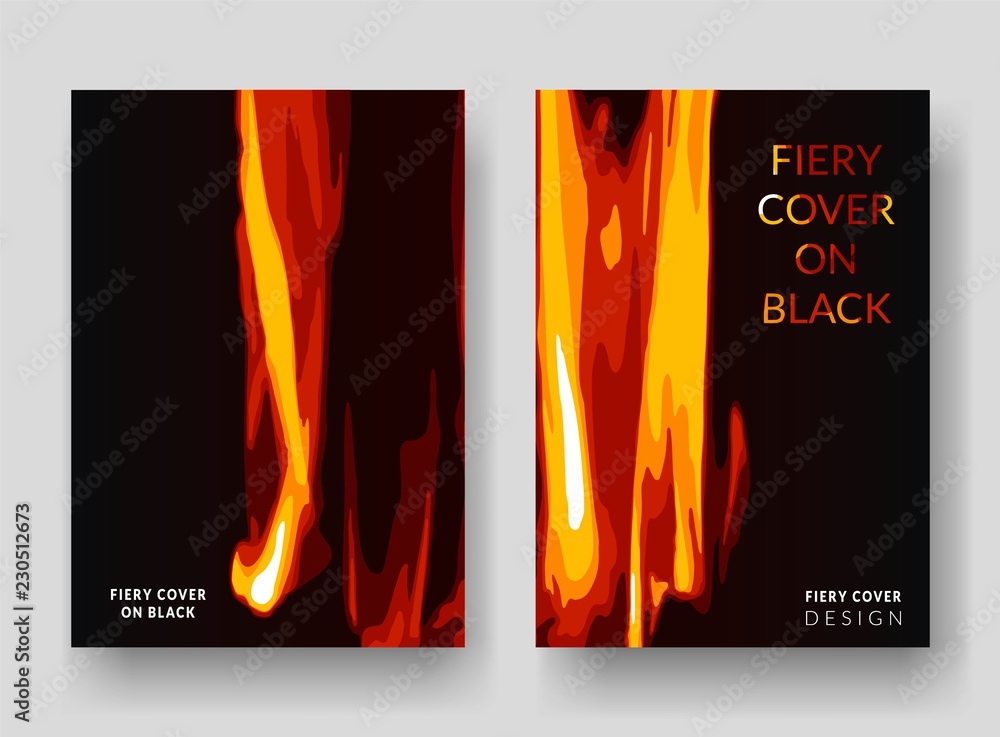 Vertical A4 covers with abstract fire on black background. Flame on black. Red and yellow color. Design for report annual, brochure, flyers, magazine, posters, catalogs, banners. 