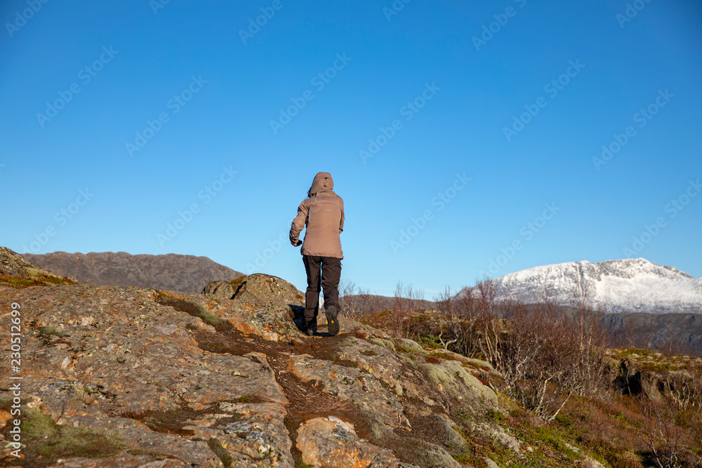 Woman walking in mountain tral, Nordland county