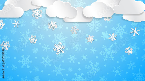 Fototapeta Naklejka Na Ścianę i Meble -  Christmas illustration with white clouds and snowflakes on light blue background