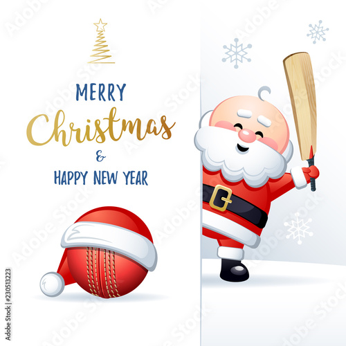 Merry Christmas and Happy New Year. Sports greeting card. Cute Santa Claus with Cricket ball and Cricket bat. Vector illustration.