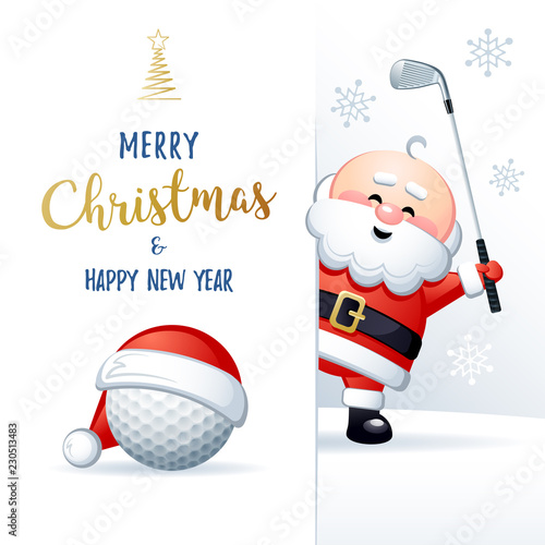 Merry Christmas and Happy New Year. Sports greeting card. Cute Santa Claus with Golf ball and Golf iron. Vector illustration.