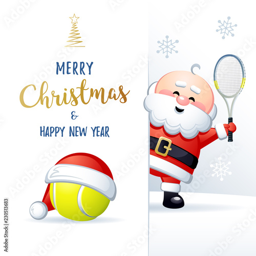 Merry Christmas and Happy New Year. Sports greeting card. Cute Santa Claus with Tennis ball and Tennis Racquet. Vector illustration.