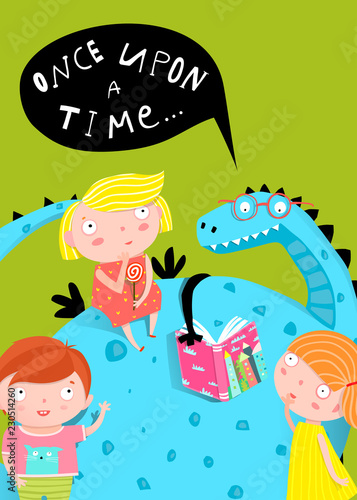 Fairy tale dragon reading a book to kids cartoon.
