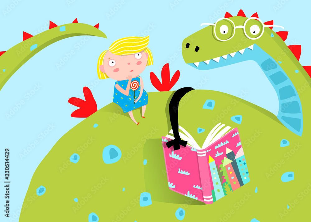 Fototapeta Smok z bajki czyta książkę do kreskówki dla dzieci.