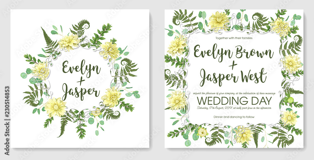 Beautiful delicate vector wedding invitation set, greeting card. Frame of green fern, boxwood and eucalyptus, flowers of yellow dahlia