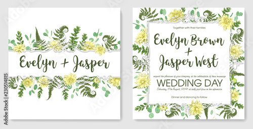 set for wedding invitation, greeting card, save date. Vintage frame green fern leaf, boxwood and eucalyptus, flowers of yellow dahlia on white background