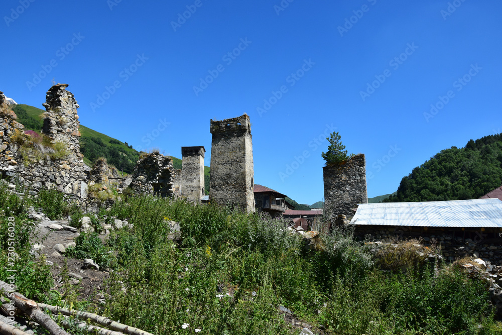 Adishi is a remote village just below Adishi glacier close to Mestia is a highland town in Svaneti region in the Caucasus Mountains, Georgia, It is dominated by stone defensive towers (Svan towers).