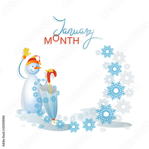 Snowman with an umbrella. January is a month. Frozen puddles, umbrella and flying snowflakes on a light background. Composition with space for text. Design for poster, advertisement, calendar.
