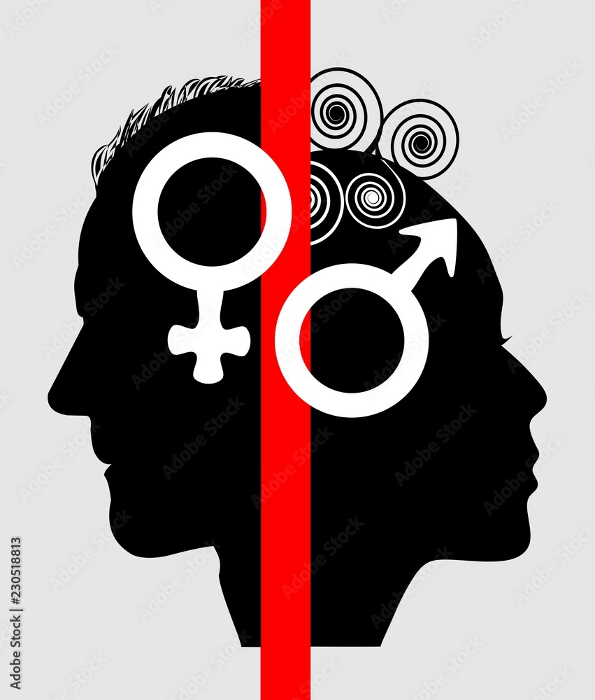 Half face profile of woman and man, symbols for the sex of female and male  pic
