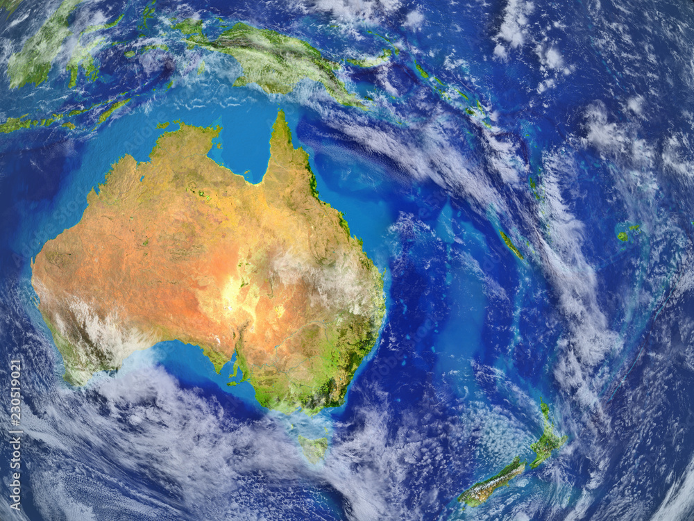 Australia from space on realistic model of planet Earth with very detailed planet surface and clouds.