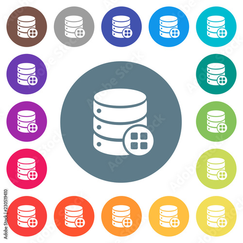 Database modules flat white icons on round color backgrounds