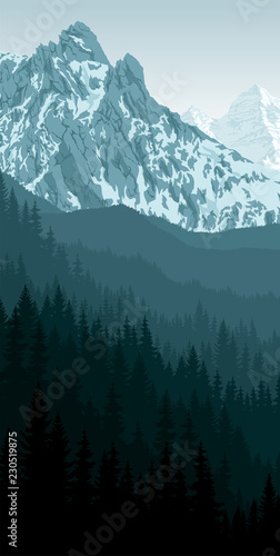 vector morning peack in mountain woodland landscape